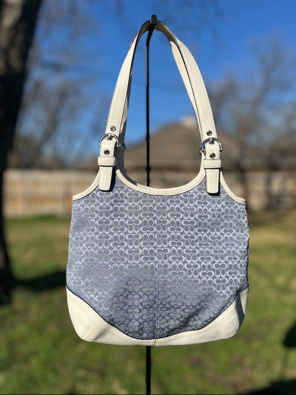 Coach Signature Logo Shoulder Bag Purse Blue White Trim Silver Hardware